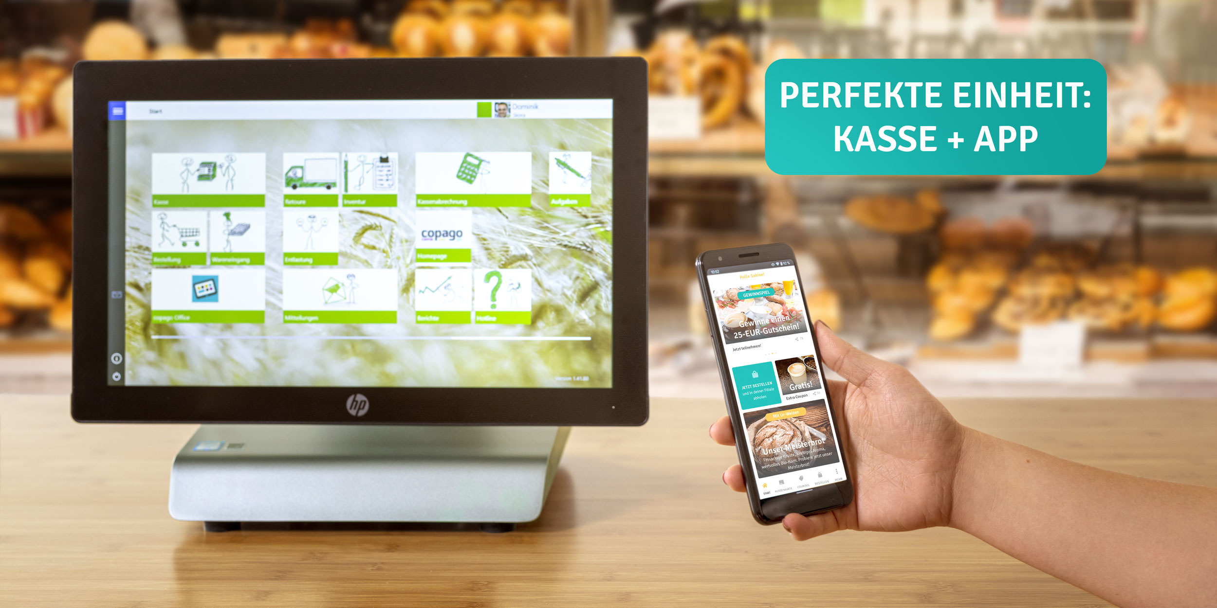 Die get2go App und eine copago-Kasse.