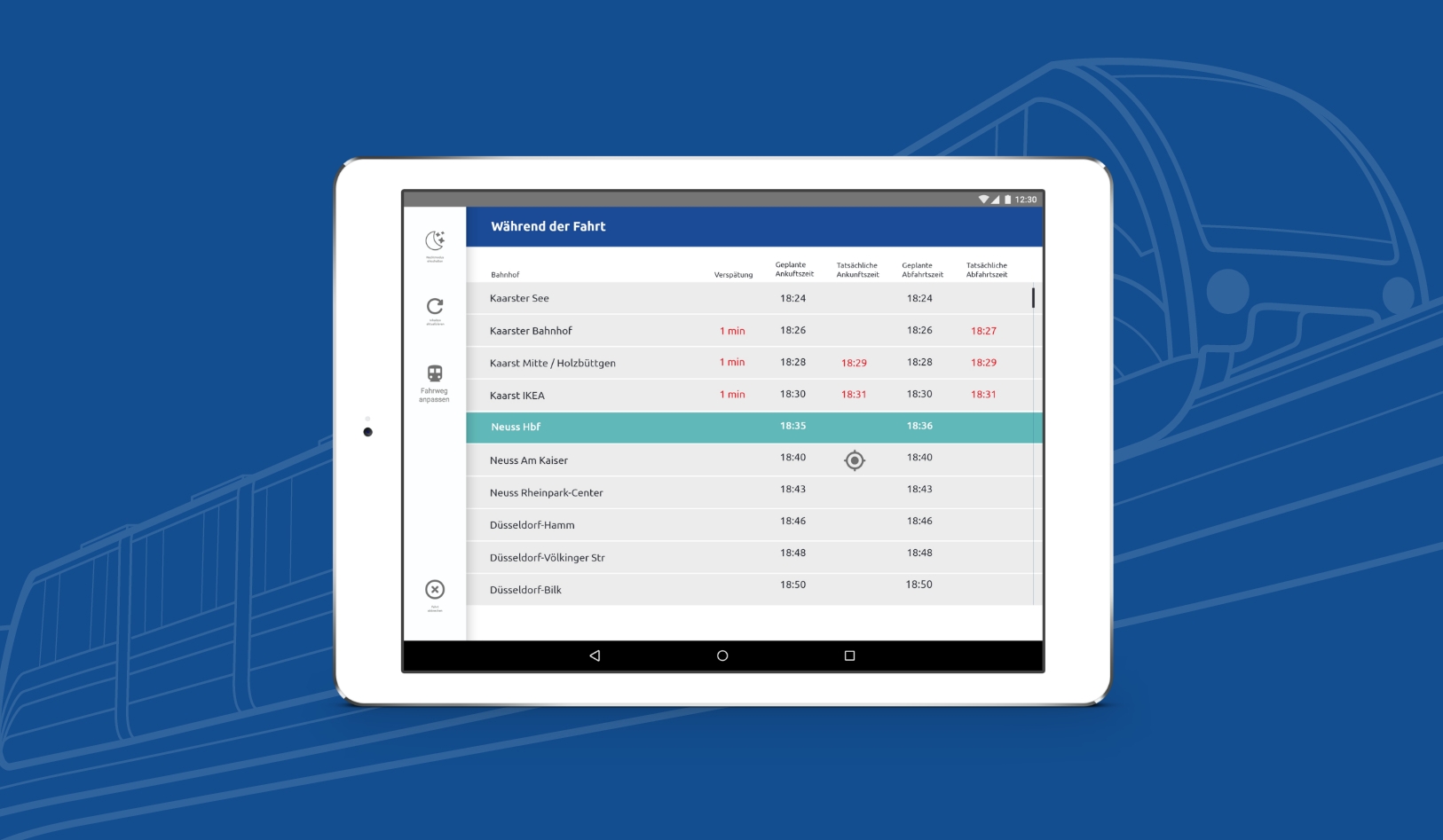 Screen der RBE-App: ein Fahrplan mit Vergleich der Soll- und Ist-Zeiten.