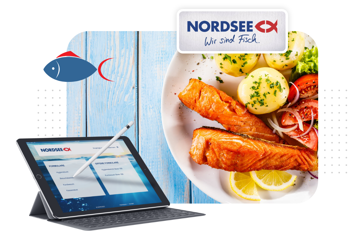 Illustration: die Nordsee-App auf einem Tablet & Produkte, die von Nordsee angeboten werden.