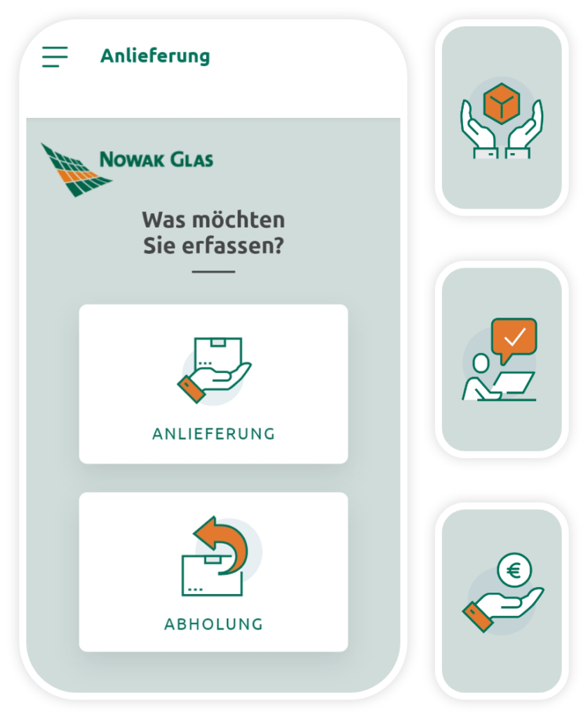 Screen der Nowak Glas-App: Start der Datenerfassung.