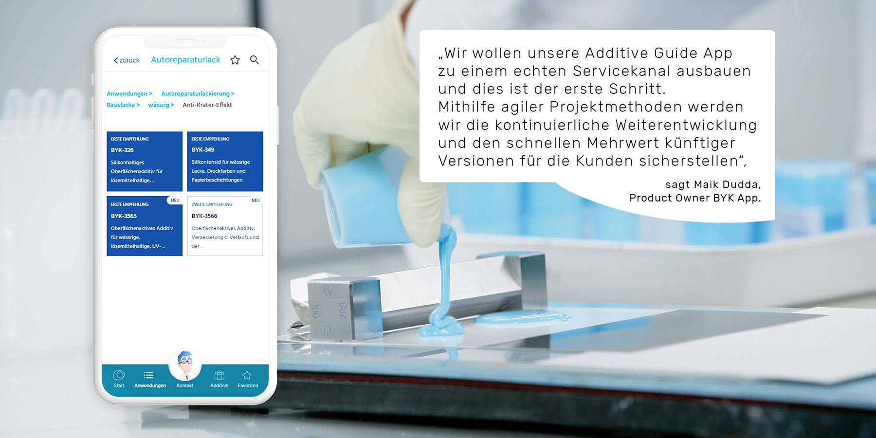 Screen der BYK App (Autoreparaturlack) und Zitat von Maik Dudda, Product Owner der BYK App.