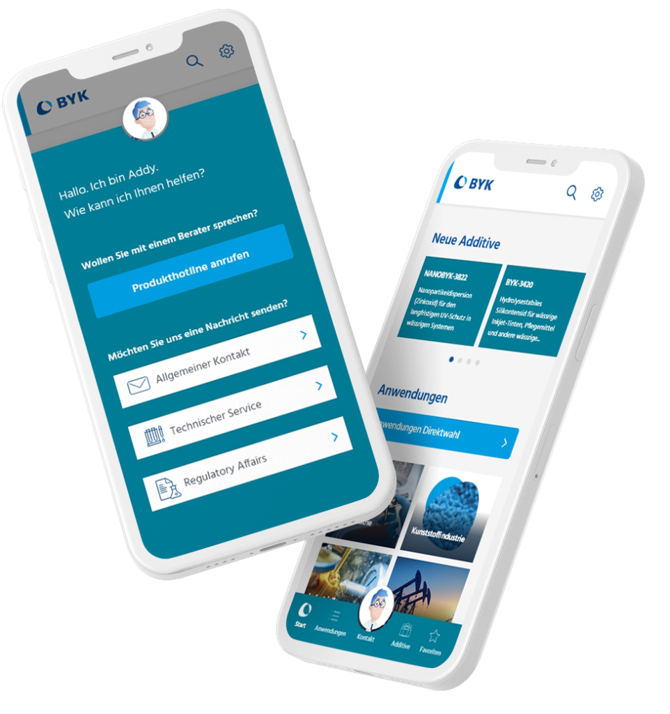 Screens der BYK-App: der virtuelle Berater Addy & der Startscreen der App.