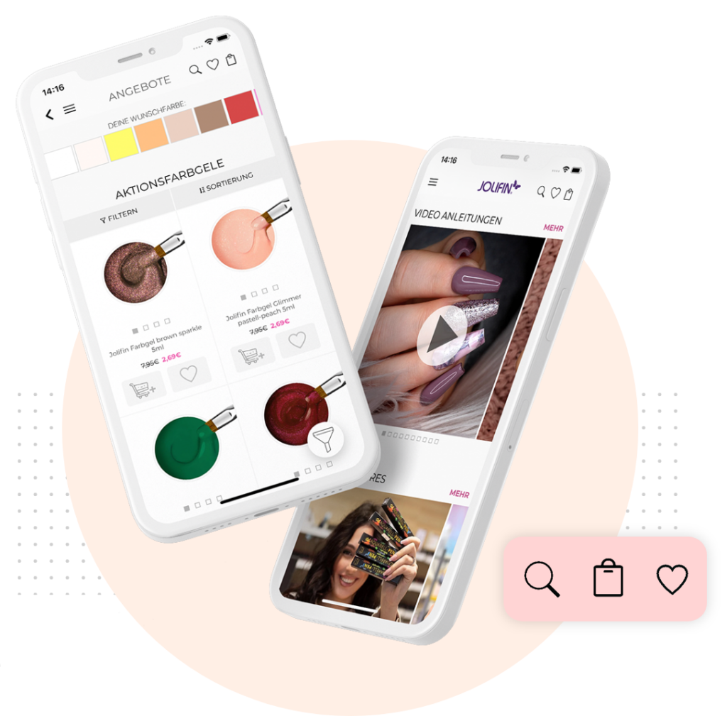 Screens der Jolifin-App: Auswahl von Farbgelen mit der Möglichkeit, die Produkte nach Farben zu filtern & Video-Anleitungen.