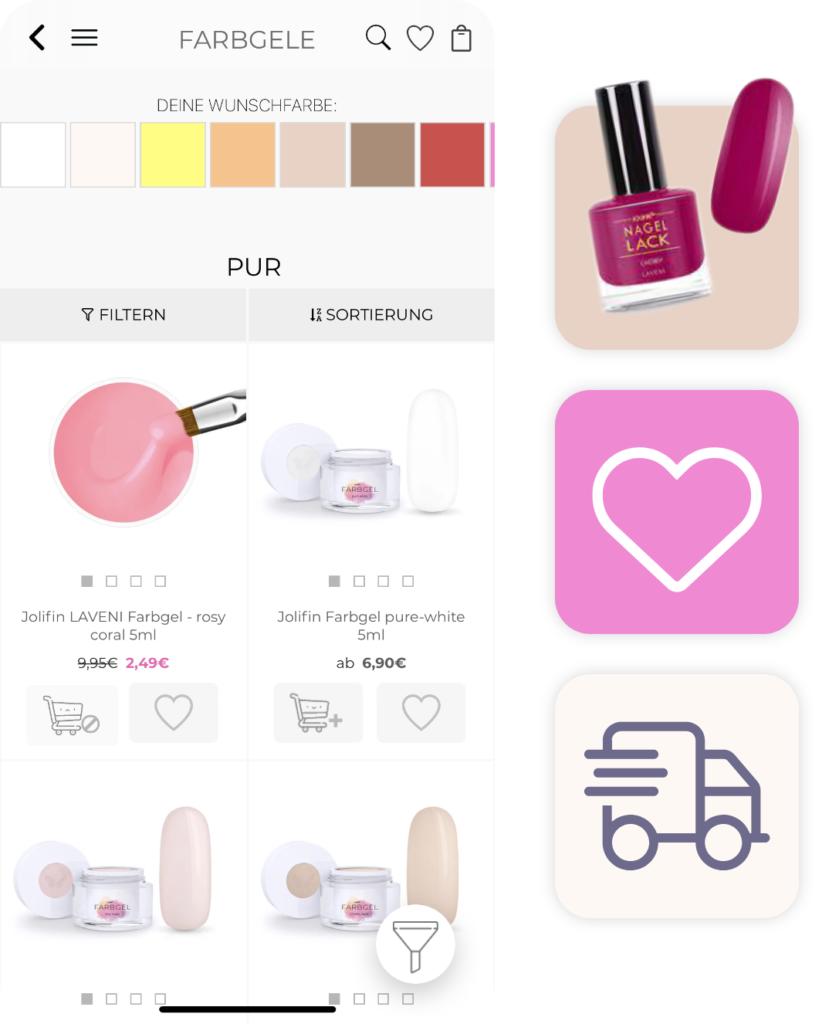 Screen der Jolifin-App: Auswahl von Farbgelen mit der Möglichkeit, die Produkte nach Farben zu filtern.
